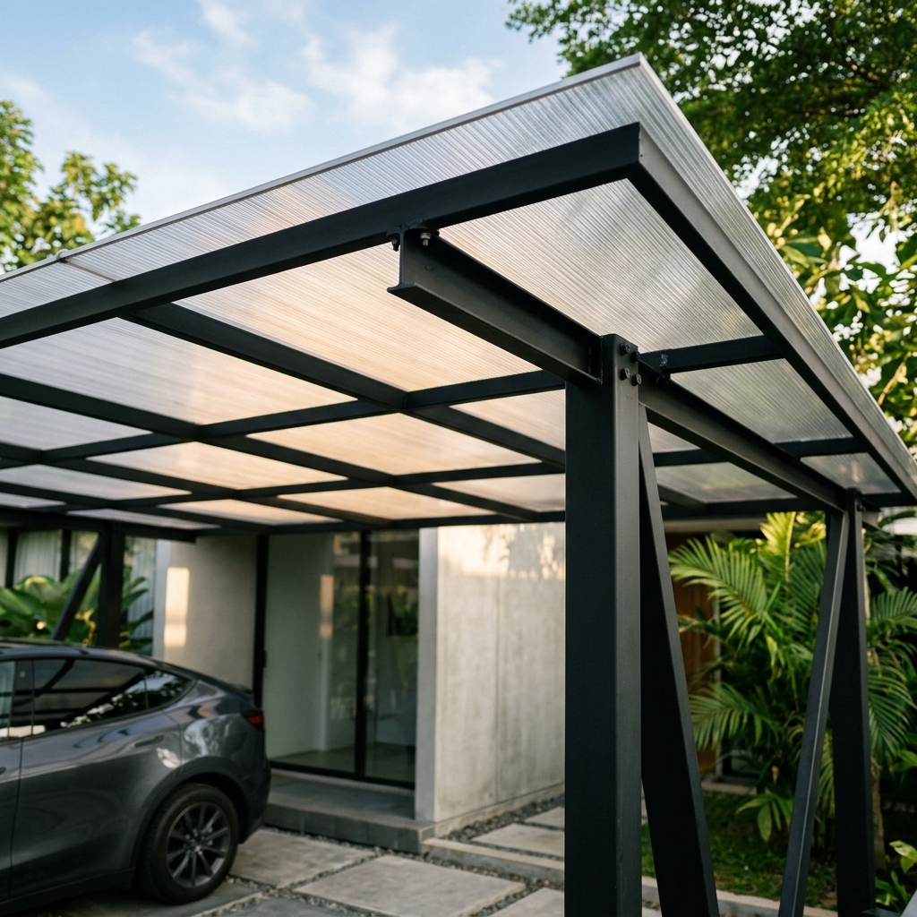 Detail dari bawah atap kanopi baja ringan dan polycarbonate yang tembus cahaya matahari lembut