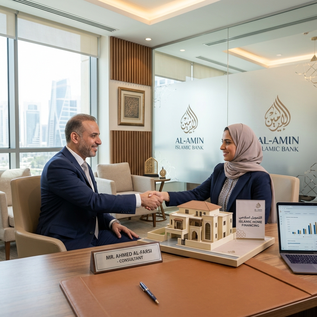 Konsultasi profesional di ruangan bank syariah modern membahas pembiayaan KPR rumah