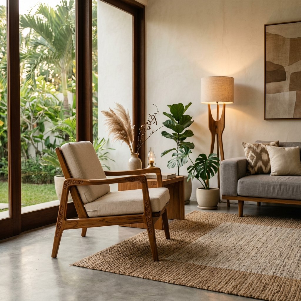Kursi kayu jati solid Jepara dengan desain modern minimalis di ruang tamu estetik