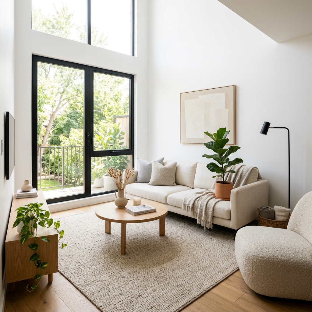 Ruang tamu modern yang terintegrasi dengan sensor smart home