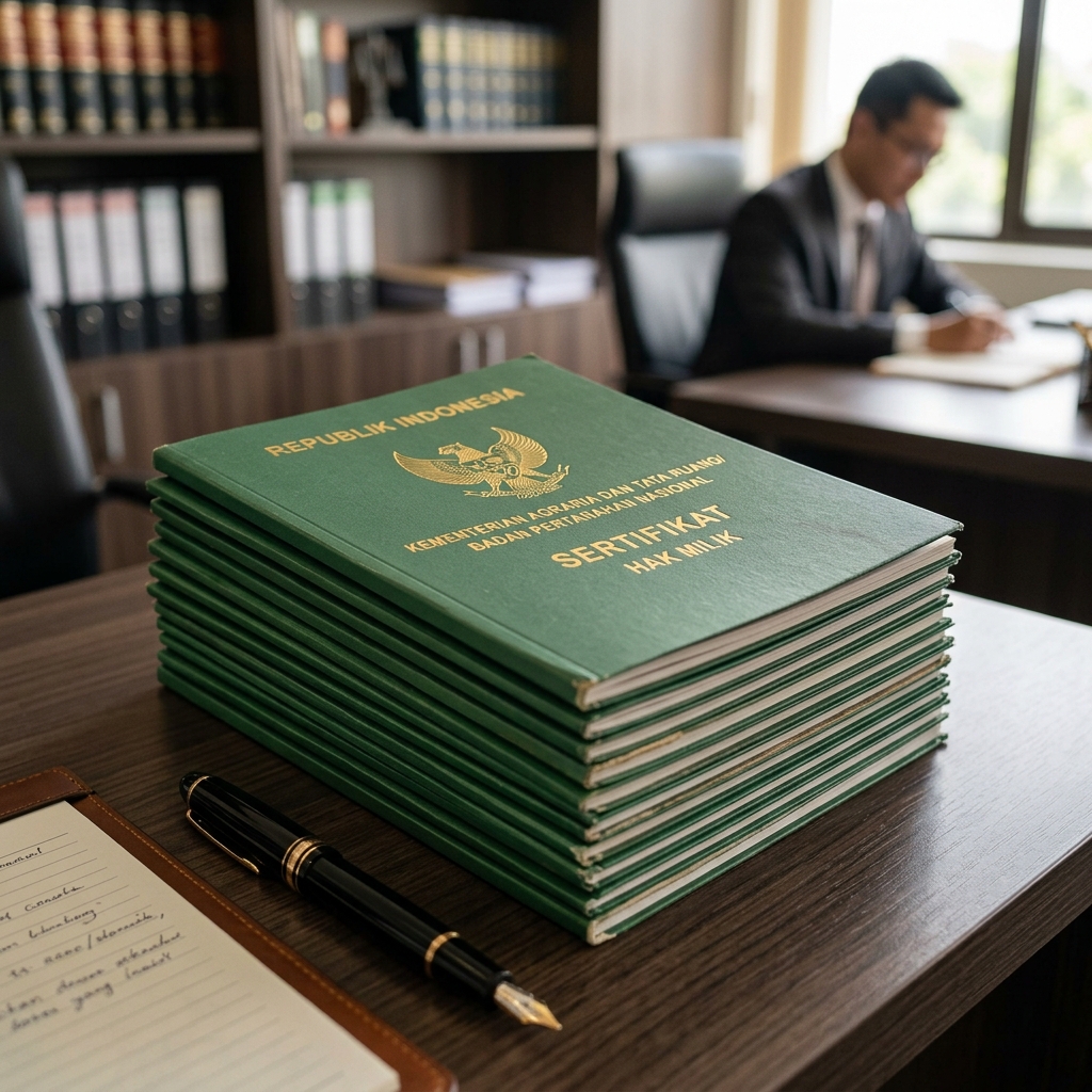 Tumpukan Sertifikat Hak Milik (SHM) resmi berwarna hijau di atas meja kerja profesional